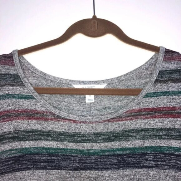 Market& Spruce Stripe Dress M Green Blue Wine Grey Long Bell Sleeve Knee - Picture 4 of 8